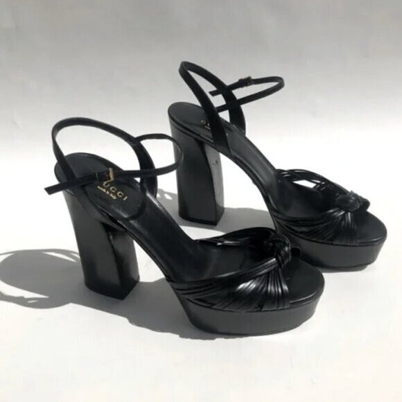 Gucci Allie Knotted Platform Sandals EU 37 US 7 Black Crawford Block High Heel - Picture 1 of 12